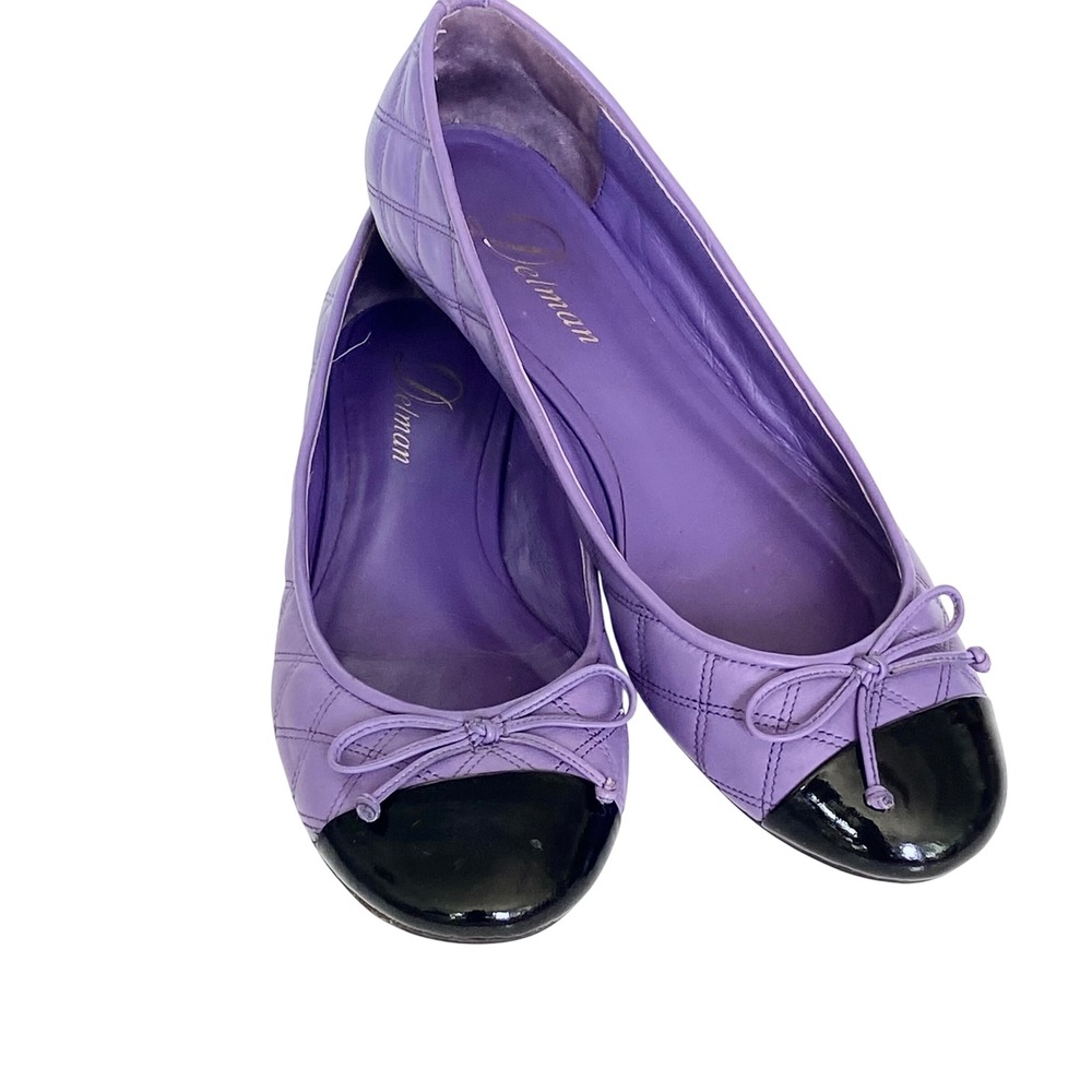 Delman Womens Quilted Purple Leather Ballet Flats Black Patent Cap Toe Size 7.5M